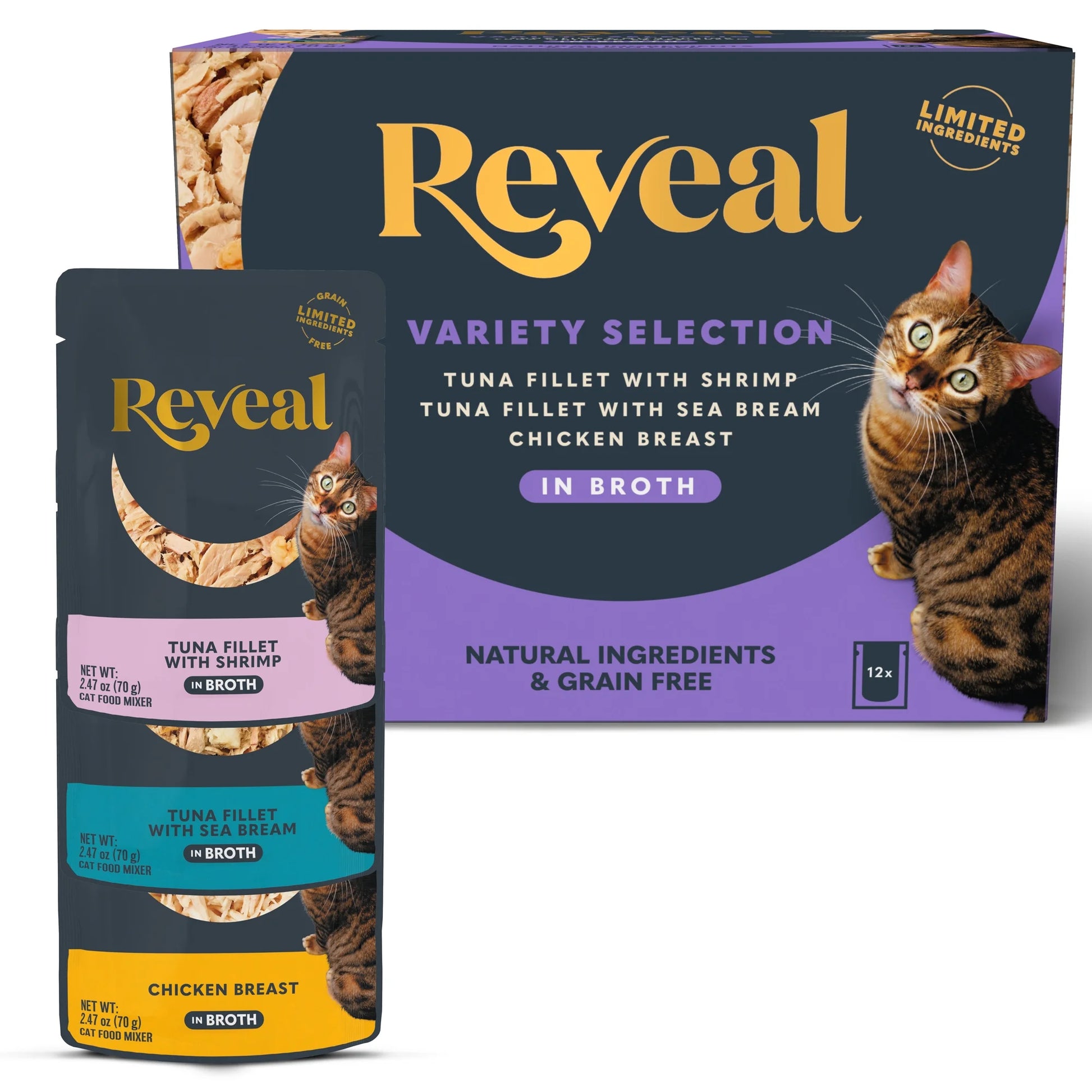 Reveal Natural Wet Cat Food, Fish & Chicken in Broth Variety Pack, 12 X 2.47Oz Pouches